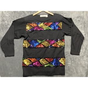 VTG Y2K Casual Corner Top Woman’s S Black Multicolor Sequins Colorblock Party